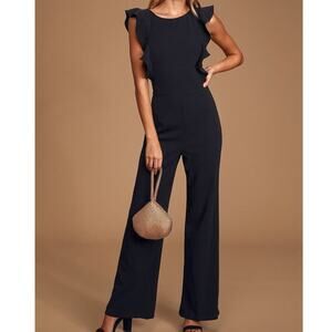 LULU'S SZ M Black Feel Your Love Round Neck Ruffled Wide-Leg Jumpsuit b49